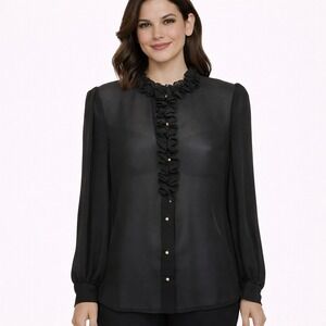 Vtg 70s JAMBOREE Size Small Couture Sheer‎ Black Pearl Button Ruffle Neck Blouse